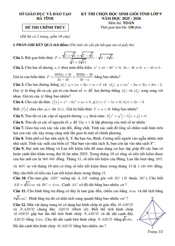 đề chọn học sinh giỏi tỉnh toán 9 năm 2025 – 2026 sở gd&đt hà tĩnh