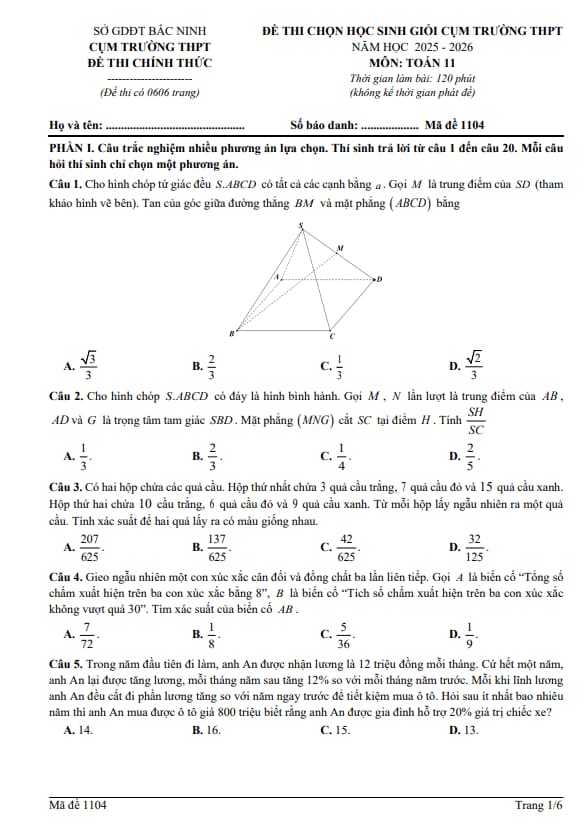 đề chọn học sinh giỏi toán 11 năm 2025 – 2026 cụm trường thpt – bắc ninh