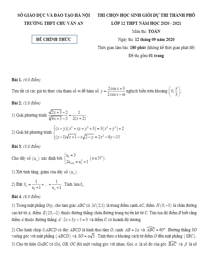 đề chọn học sinh giỏi toán 12 năm 2020 – 2021 trường thpt chu văn an – hà nội