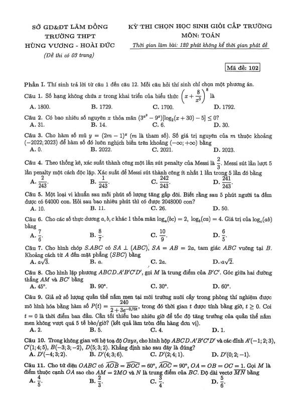 đề chọn học sinh giỏi toán 12 năm 2025 – 2026 trường thpt hùng vương – lâm đồng