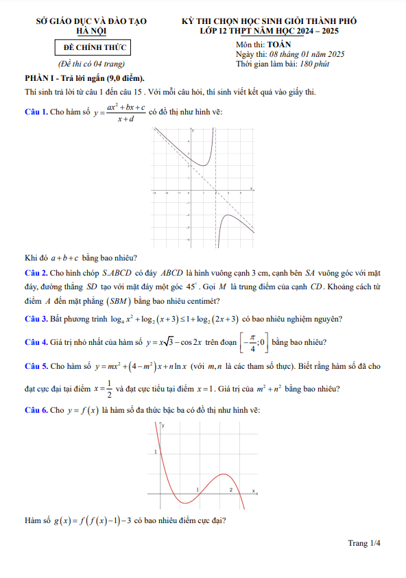 đề chọn học sinh giỏi toán 12 thpt năm 2024 – 2025 sở gd&đt hà nội