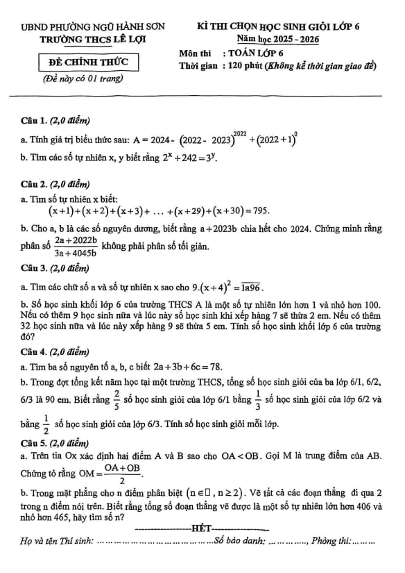 đề chọn học sinh giỏi toán 6 năm 2025 – 2026 trường thcs lê lợi – đà nẵng