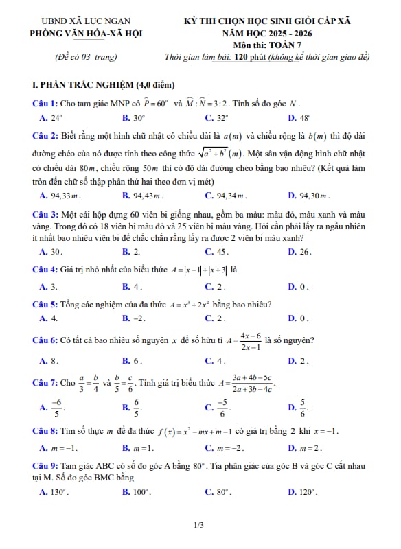 đề chọn học sinh giỏi toán 7 năm 2025 – 2026 xã lục ngạn – bắc ninh
