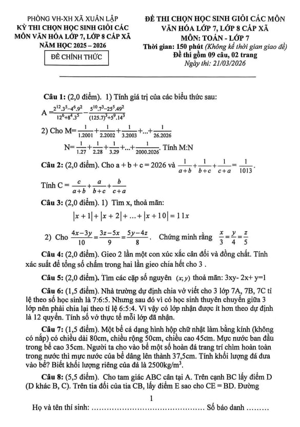 đề chọn học sinh giỏi toán 7 năm 2025 – 2026 xã xuân lập – thanh hóa