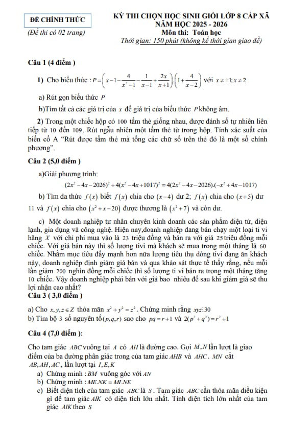đề chọn học sinh giỏi toán 8 năm 2025 – 2026 cụm các trường thcs – nghệ an