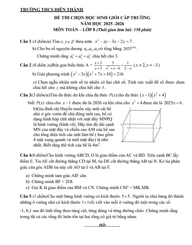 đề chọn học sinh giỏi toán 8 năm 2025 – 2026 trường thcs diễn thành – nghệ an