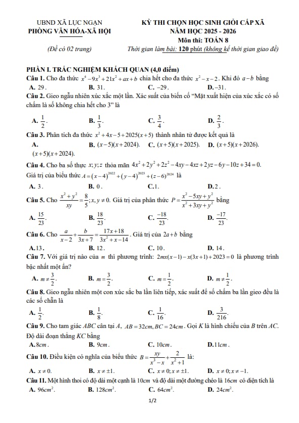 đề chọn học sinh giỏi toán 8 năm 2025 – 2026 xã lục ngạn – bắc ninh