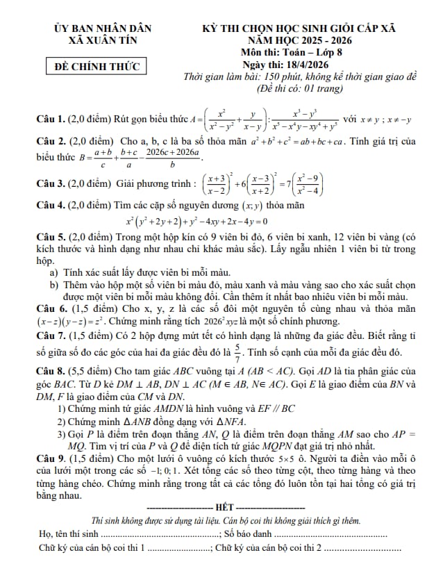 đề chọn học sinh giỏi toán 8 năm 2025 – 2026 xã xuân tín – thanh hóa