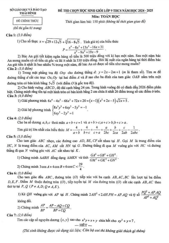 đề chọn học sinh giỏi toán 9 năm 2024 – 2025 sở gd&đt thái bình