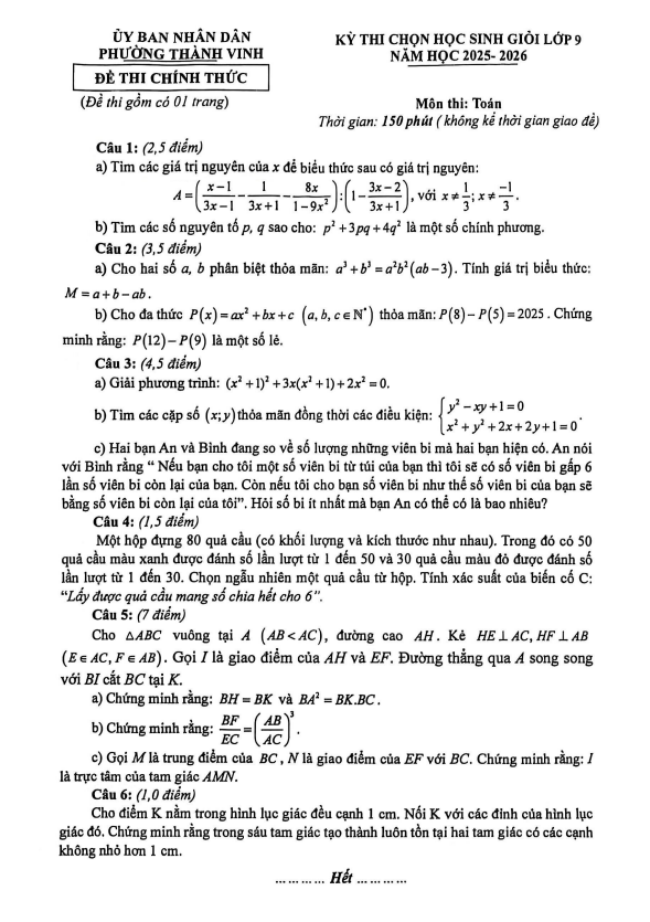 đề chọn học sinh giỏi toán 9 năm 2025 – 2026 phường thành vinh – nghệ an