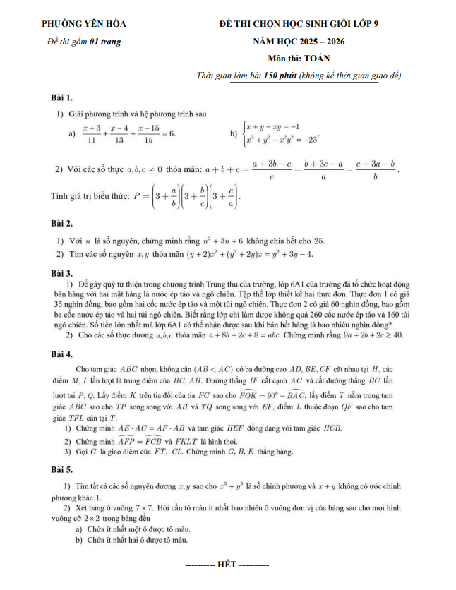 đề chọn học sinh giỏi toán 9 năm 2025 – 2026 phường yên hòa – hà nội