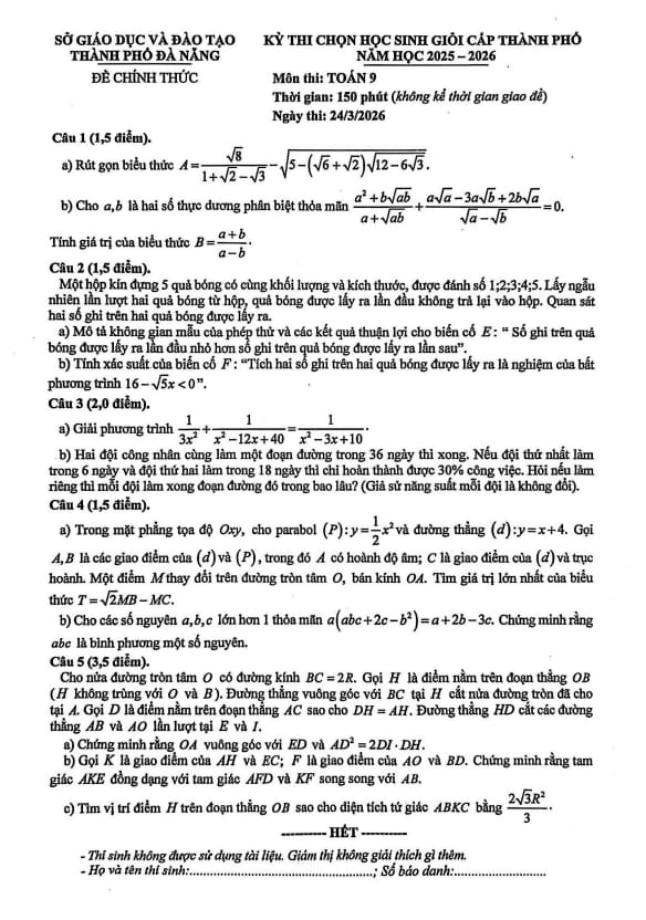 đề chọn học sinh giỏi toán 9 năm 2025 – 2026 sở gd&đt đà nẵng