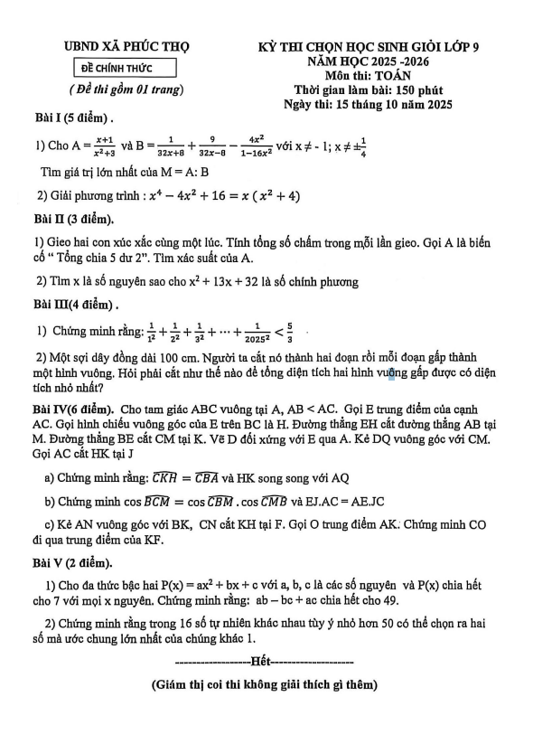 đề chọn học sinh giỏi toán 9 năm 2025 – 2026 xã phúc thọ – hà nội