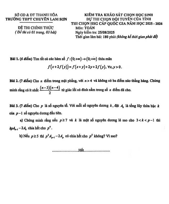 đề chọn học sinh giỏi toán năm 2025 – 2026 trường thpt chuyên lam sơn – thanh hóa