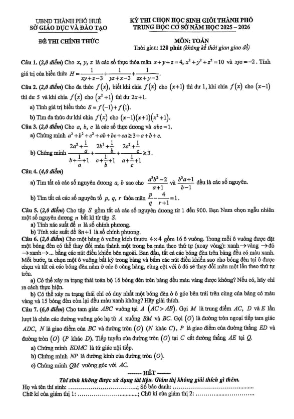 đề chọn học sinh giỏi toán thcs năm 2025 – 2026 sở gd&đt huế