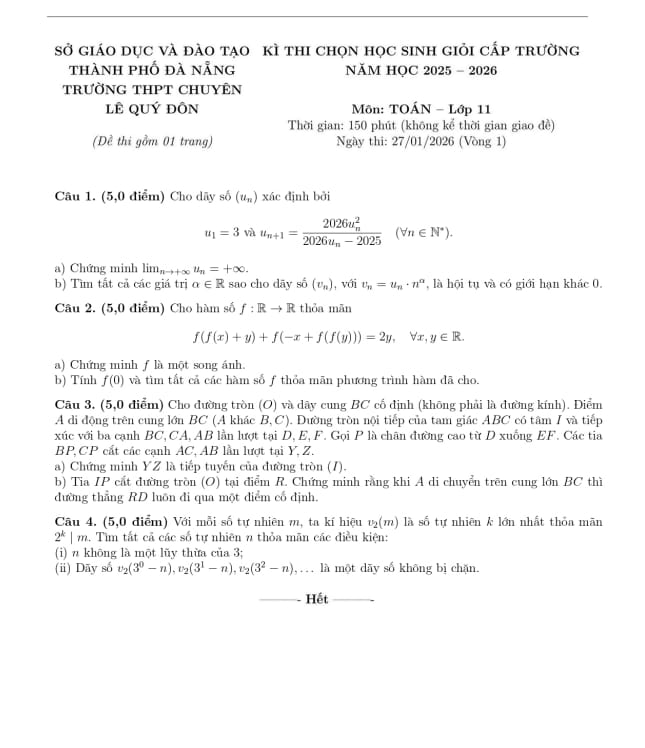 đề chọn hsg toán 11 năm 2025 – 2026 trường chuyên lê quý đôn – đà nẵng