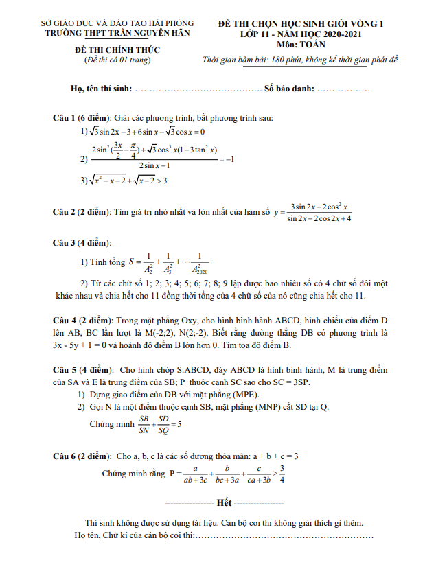 đề chọn hsg toán 11 vòng 1 năm 2020 – 2021 trường thpt trần nguyên hãn – hải phòng