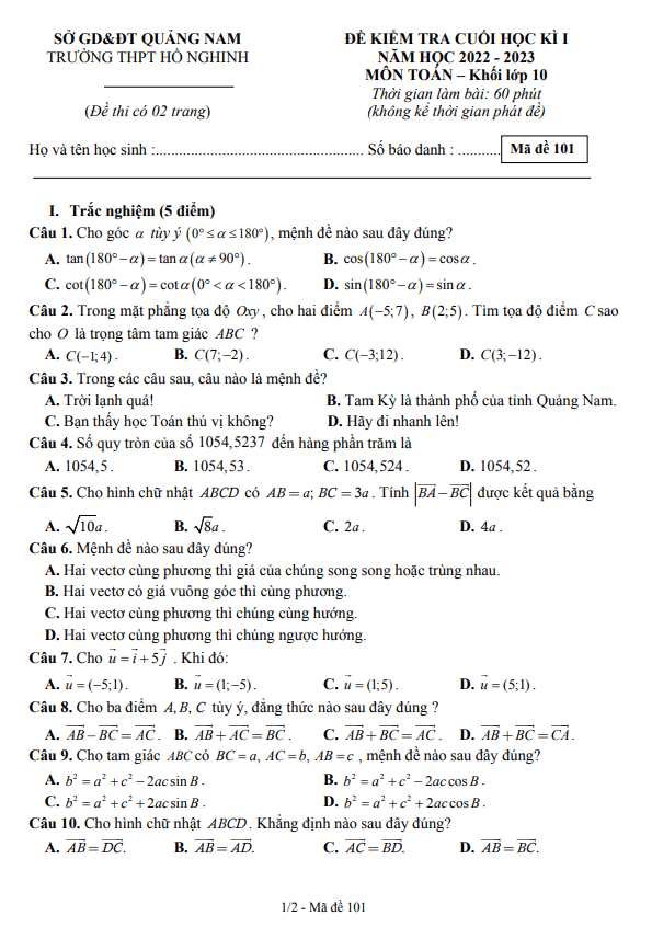 đề cuối học kì 1 toán 10 năm 2022 – 2023 trường thpt hồ nghinh – quảng nam