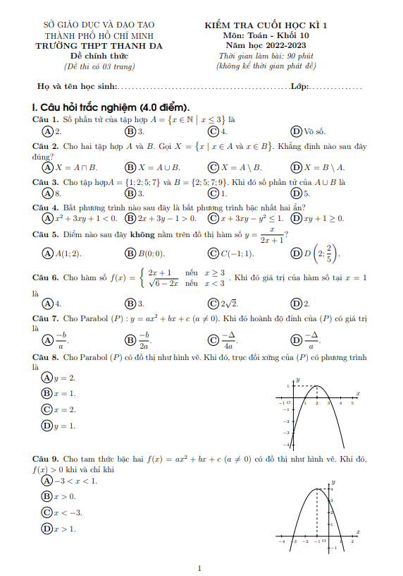 đề cuối học kì 1 toán 10 năm 2022 – 2023 trường thpt thanh đa – tp hcm