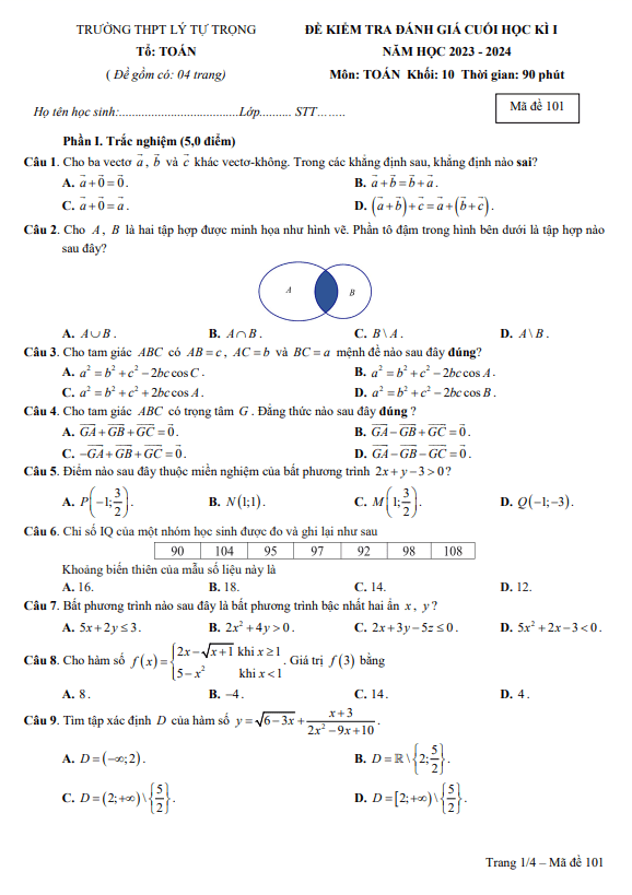 đề cuối học kì 1 toán 10 năm 2023 – 2024 trường thpt lý tự trọng – khánh hòa