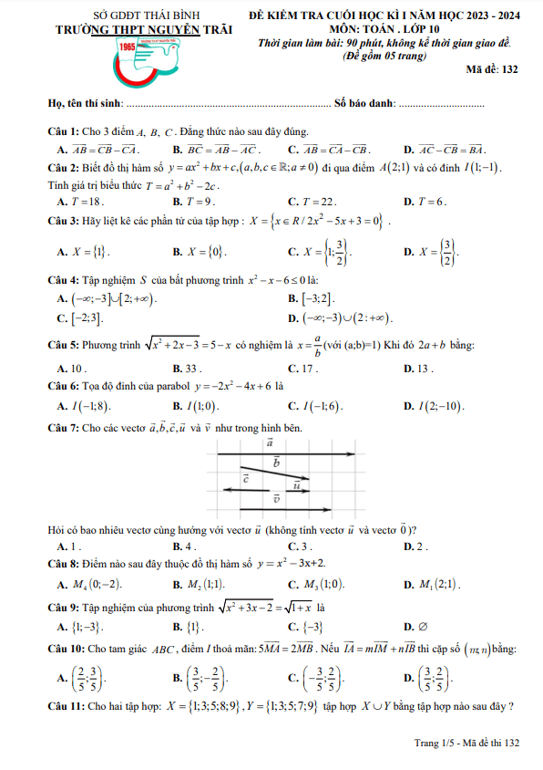 đề cuối học kì 1 toán 10 năm 2023 – 2024 trường thpt nguyễn trãi – thái bình