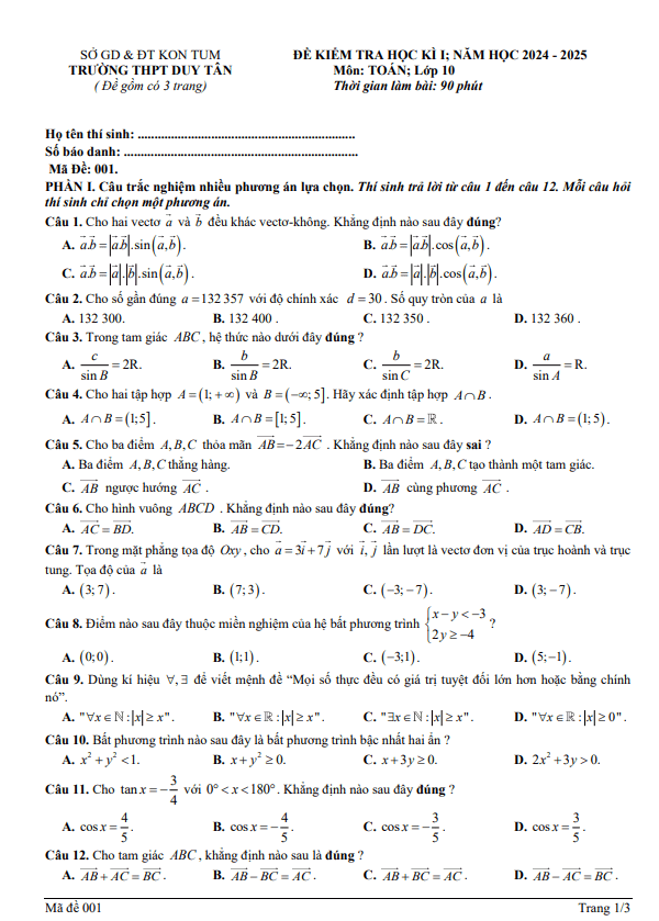 đề cuối học kì 1 toán 10 năm 2024 – 2025 trường thpt duy tân – kon tum