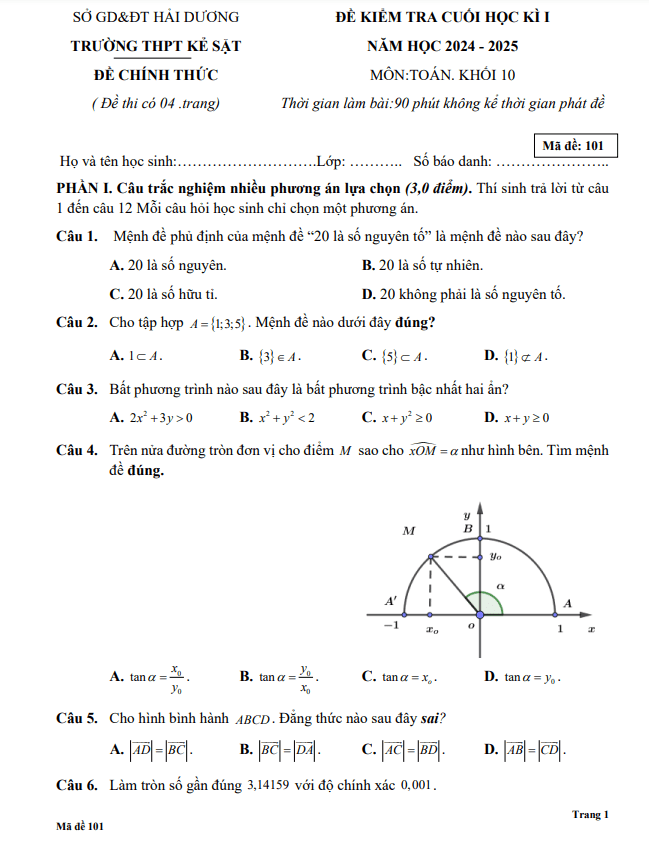 đề cuối học kì 1 toán 10 năm 2024 – 2025 trường thpt kẻ sặt – hải dương