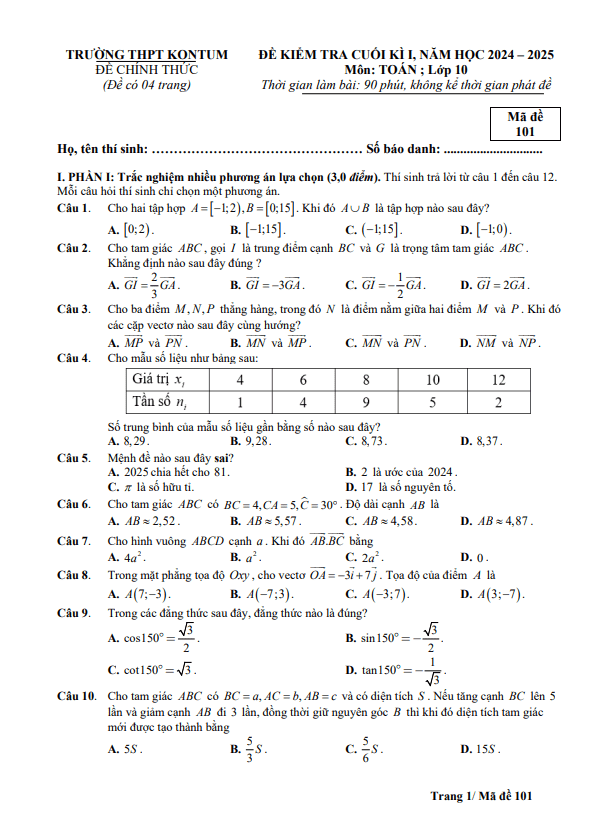đề cuối học kì 1 toán 10 năm 2024 – 2025 trường thpt kon tum