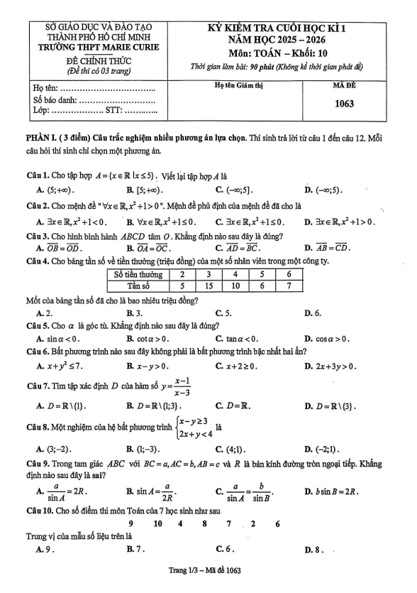 đề cuối học kì 1 toán 10 năm 2025 – 2026 trường thpt marie curie – tp hcm
