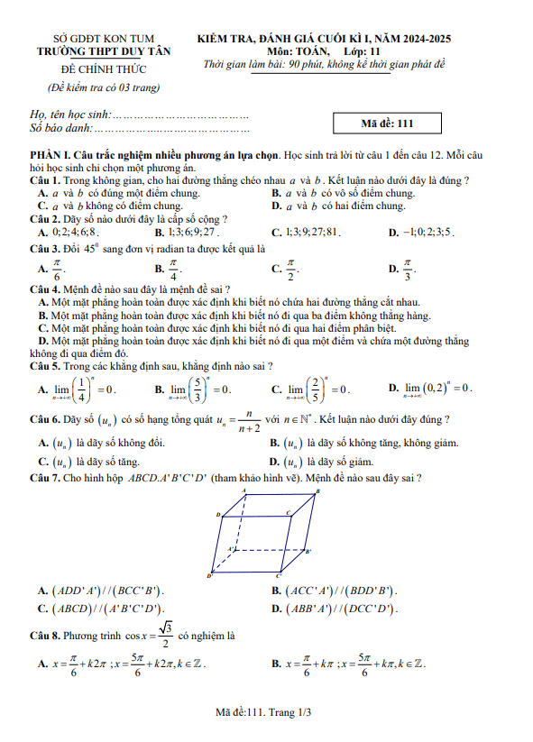 đề cuối học kì 1 toán 11 năm 2024 – 2025 trường thpt duy tân – kon tum