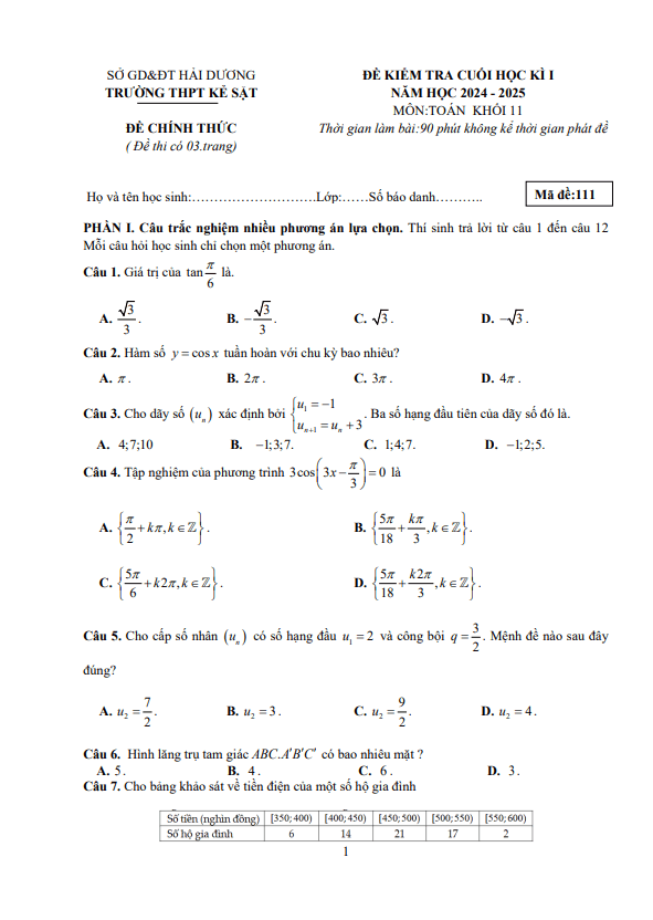 đề cuối học kì 1 toán 11 năm 2024 – 2025 trường thpt kẻ sặt – hải dương
