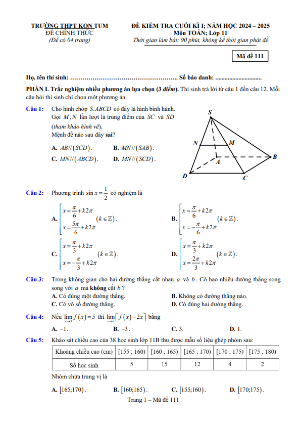 đề cuối học kì 1 toán 11 năm 2024 – 2025 trường thpt kon tum