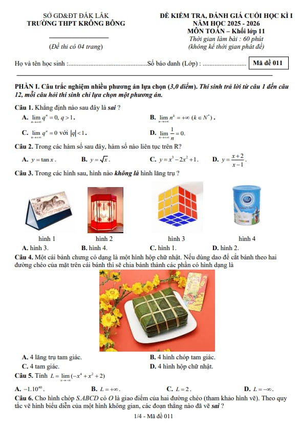 đề cuối học kì 1 toán 11 năm 2025 – 2026 trường thpt krông bông – đắk lắk