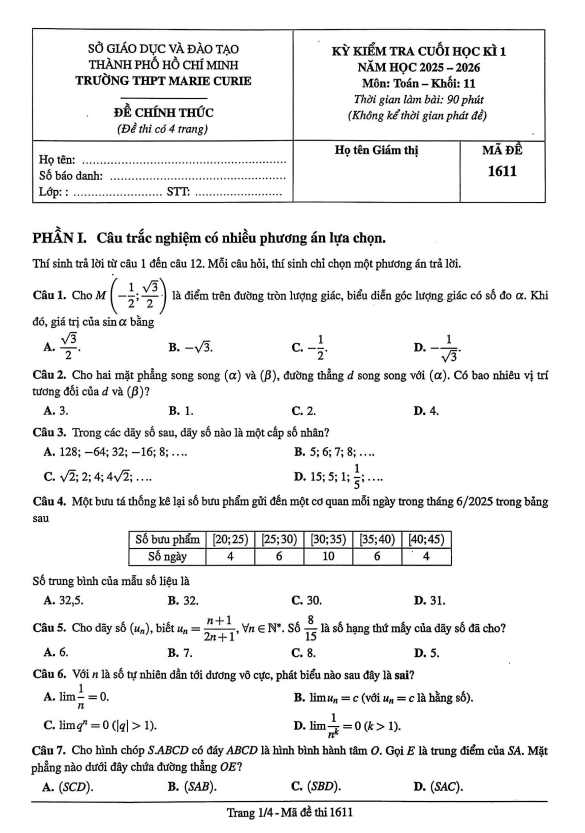 đề cuối học kì 1 toán 11 năm 2025 – 2026 trường thpt marie curie – tp hcm