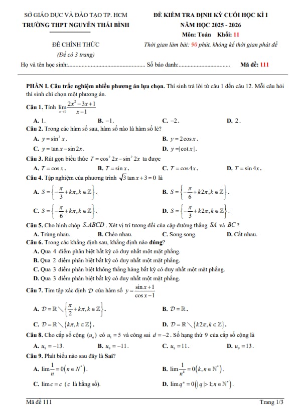 đề cuối học kì 1 toán 11 năm 2025 – 2026 trường thpt nguyễn thái bình – tp hcm