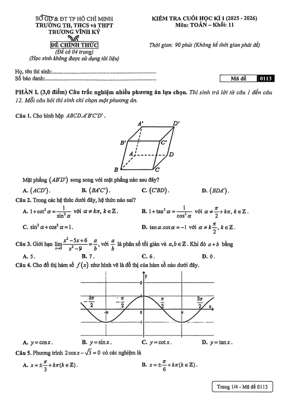đề cuối học kì 1 toán 11 năm 2025 – 2026 trường trương vĩnh ký – tp hcm