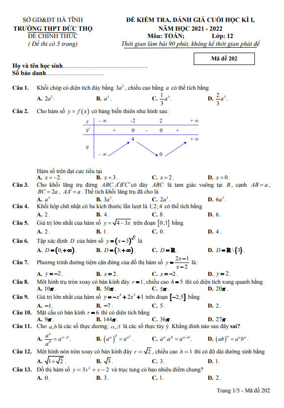 đề cuối học kì 1 toán 12 năm 2021 – 2022 trường thpt đức thọ – hà tĩnh