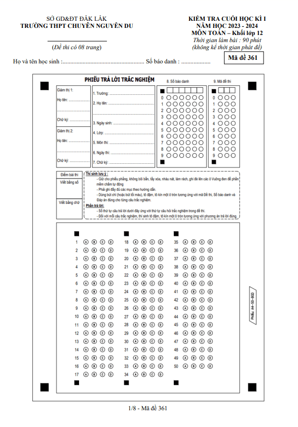 đề cuối học kì 1 toán 12 năm 2023 – 2024 trường chuyên nguyễn du – đắk lắk