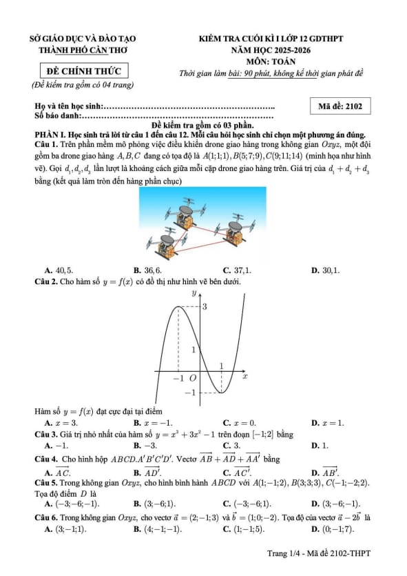 đề cuối học kì 1 toán 12 năm 2025 – 2026 sở gd&đt cần thơ
