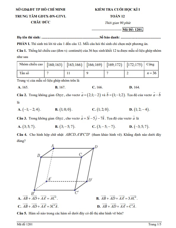 đề cuối học kì 1 toán 12 năm 2025 – 2026 trung tâm gdtx châu đức – tp hcm