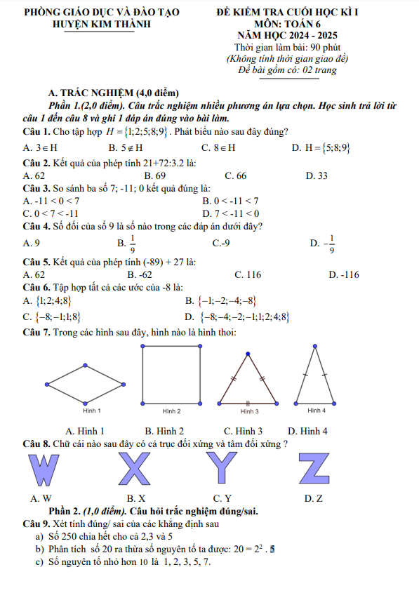 đề cuối học kì 1 toán 6 năm 2024 – 2025 phòng gd&đt kim thành – hải dương