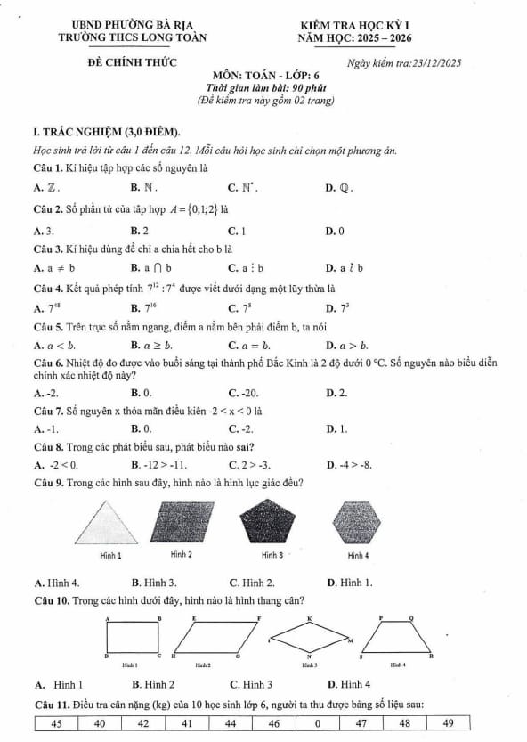 đề cuối học kì 1 toán 6 năm 2025 – 2026 trường thcs long toàn – tp hcm