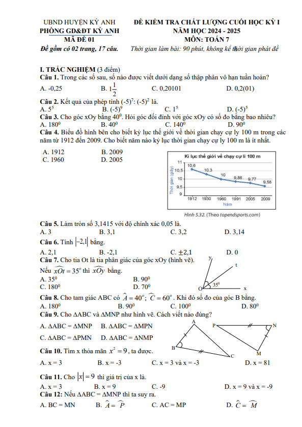 đề cuối học kì 1 toán 7 năm 2024 – 2025 phòng gd&đt kỳ anh – hà tĩnh