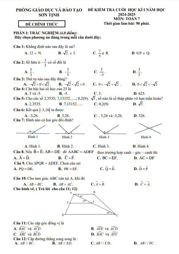 đề cuối học kì 1 toán 7 năm 2024 – 2025 phòng gd&đt sơn tịnh – quảng ngãi