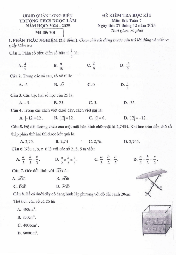 đề cuối học kì 1 toán 7 năm 2024 – 2025 trường thcs ngọc lâm – hà nội