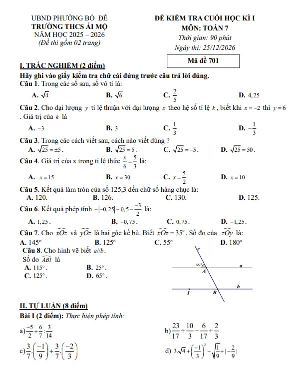 đề cuối học kì 1 toán 7 năm 2025 – 2026 trường thcs ái mộ – hà nội