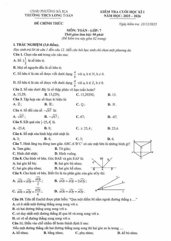 đề cuối học kì 1 toán 7 năm 2025 – 2026 trường thcs long toàn – tp hcm