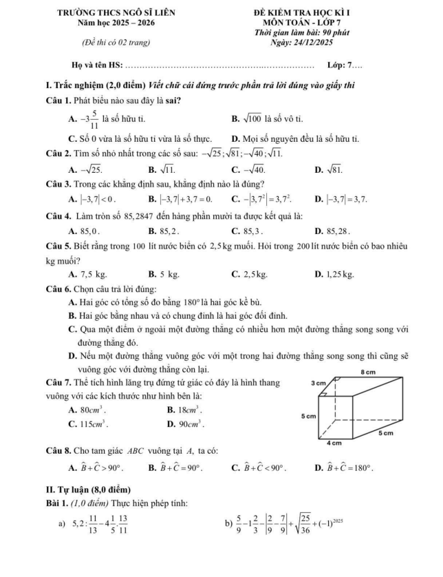 đề cuối học kì 1 toán 7 năm 2025 – 2026 trường thcs ngô sĩ liên – hà nội