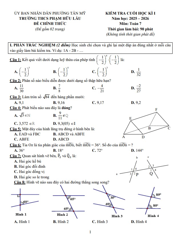 đề cuối học kì 1 toán 7 năm 2025 – 2026 trường thcs phạm hữu lầu – tp hcm