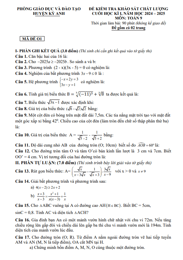 đề cuối học kì 1 toán 9 năm 2024 – 2025 phòng gd&đt kỳ anh – hà tĩnh